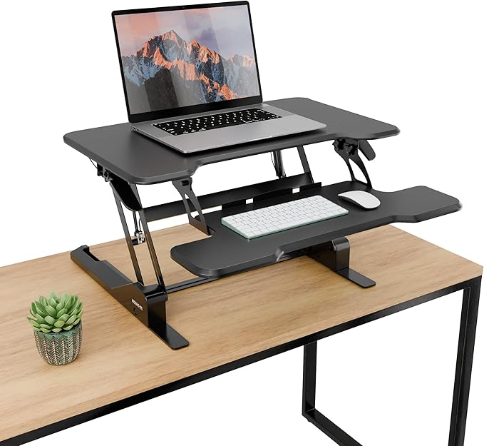 Mount-It! Height Adjustable Standing Desk Converter, Compact 30” Wide Tabletop Standing Desk Riser with Gas Spring, Desktop Stand Up Workstation with Keyboard Tray Fits Monitor or Laptop, Black