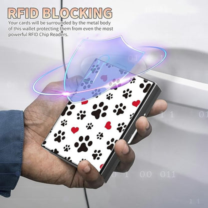 BWEGRHE Slim Credit Card Holder, Cute Dog Paw Prints RFID Blocking Metal Wallet for Men & Women, Aluminum Minimalist Hard Case Pocket-Sized Business Cards Organizer (Fits Up to 10 Cards)