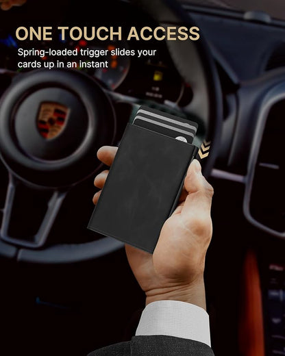 typecase Mens Wallet Card Holder: Pop Up Aluminum Case, Genuine Leather, Smart, RFID Blocking, Slim, Minimalist, Front Pocket - 9-14 Card Capacity | ID Window | Cash Slot - Oil Wax Black