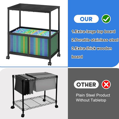 Sbanmao Rolling File Cart, Mobile Hanging File Cabinet with Wheels, Filing Cabinet Organizer Printer Stand File Organizer File Cabinet for Home Office, Black (120~150 Letter-Size Files)