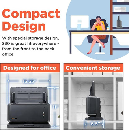 Plustek Wide-Format Color Duplex Document Scanner S30, for Large-Format Document Scan, Scans Wide Up to 12" and Long Up to 200", 100-Sheet Duplex Auto Document Feeder
