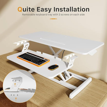 JOY worker Standing Desk Converter, 35" Wide Height Adjustable Sit Stand Up Desk Riser with Keyboard Tray, Desktop Workstation Riser for Home Office Computer Laptop, Particle Board, White