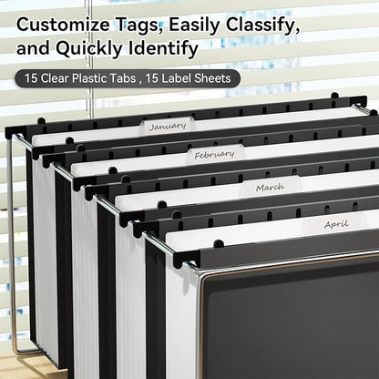 ANSOOK Plastic Legal Size Hanging File Folders,12 Pack Reinforced Black File Cabinet Folders,Heavy Duty3 Inch File Folders Hanging with Tabs,Hanging File Organizer for Office Home School