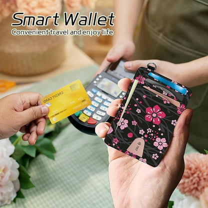 BWEGRHE Small Travel Wallets, Pink Cherry Blossom Slim Minimalist Front Pocket Wallet with Wristlet, RFID Blocking PU Leather Credit Card Holder with ID Window Change Purse for Men Women