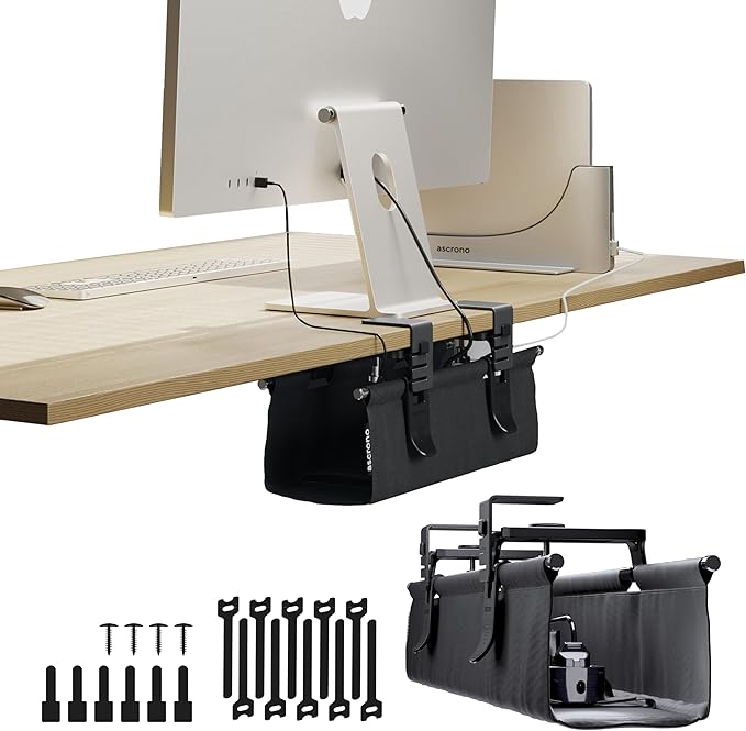 Ascrono Original No Drill Under Desk Cable Management Tray 14.1" - Premium Black Fabric Cable Management Under Desk - Clamp/Screw Mount Cord Organizer - Supports Upto 66lbs
