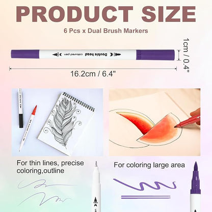 PATIKIL 6Pack Dual Brush Markers, Dark Purple Watercolor Fine and Brush Tips Pens Colored Marker Calligraphy Coloring Art Supplies Set for Coloring Book Illustration Sketching Journaling