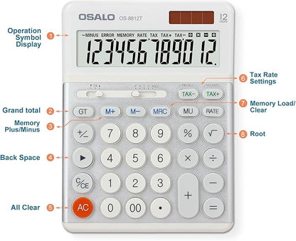 OSALO Desktop Calculators VAT Tax Function Large Display Big Buttons 12 Digit Big Desk Calculator for Home and Office (OS-8812T Large Calculator)
