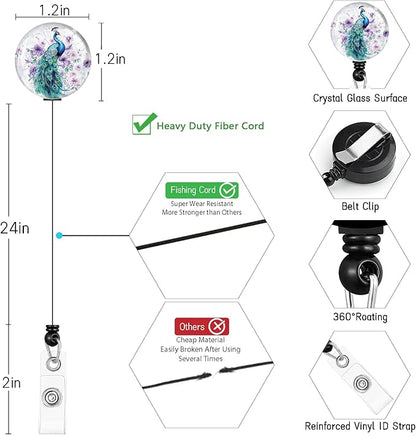 Peacock Lanyards for ID Badges, Badge Holder with Lanyard Detachable, Badge Reel Retractable Keychain Clip, Vertical Cruise Ship Cards Holder Protector Name Tags, Teacher Nurse Office Women Gifts