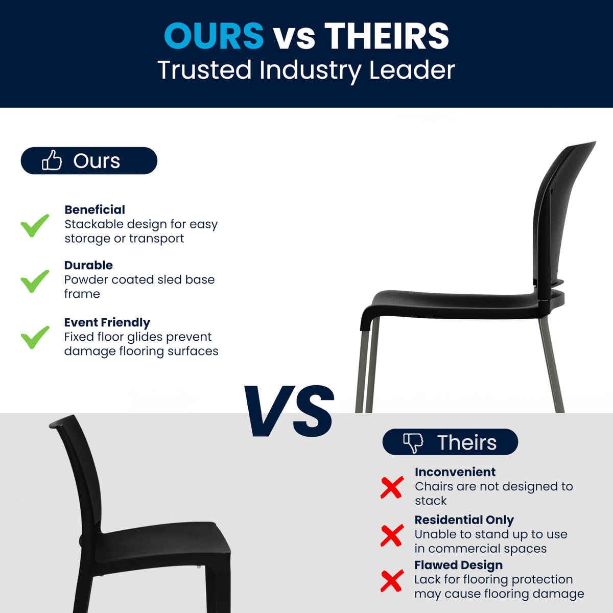 880 lb. Capacity Black Full Back Contoured Stack Chair with Gray Powder Coated Sled Base