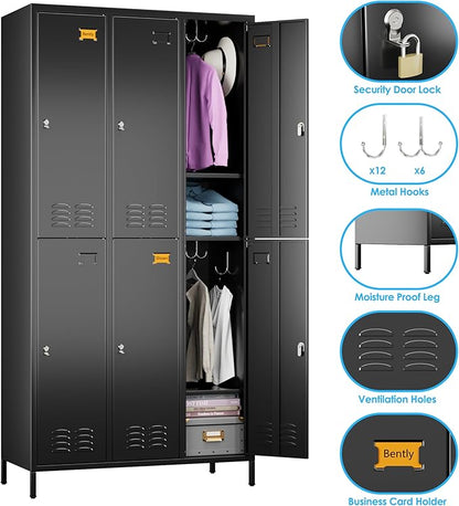 SUPEER 6 Doors Metal Locker for Employees with 18 Hooks and Business Card Holder,Metal Locker with Ventilation Holes for School Garage Office Gym Home,Assembly Required,Black