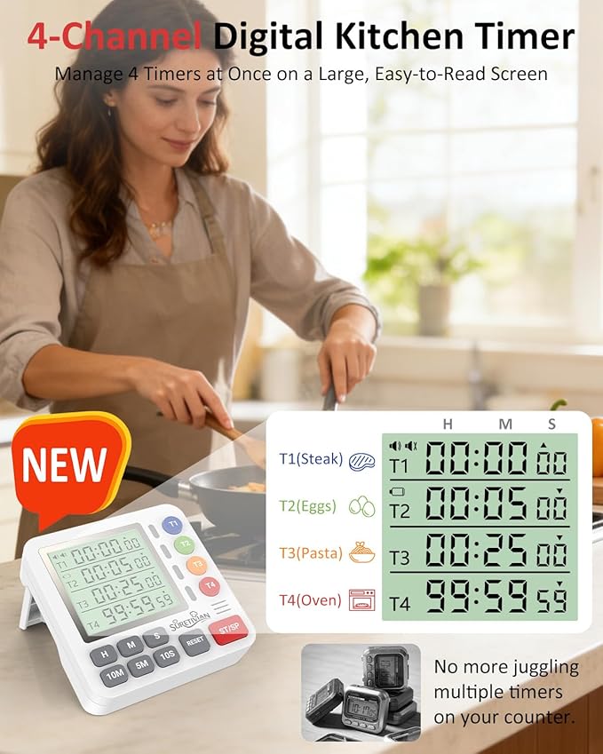 Digital Kitchen Timer for Cooking - 4 Channel Count Up Countdown Timer with Loud Alarm and Silent Mode, Large Display, Magnetic Back, Auto Memory for Classroom Study Gym, Battery Included (White)