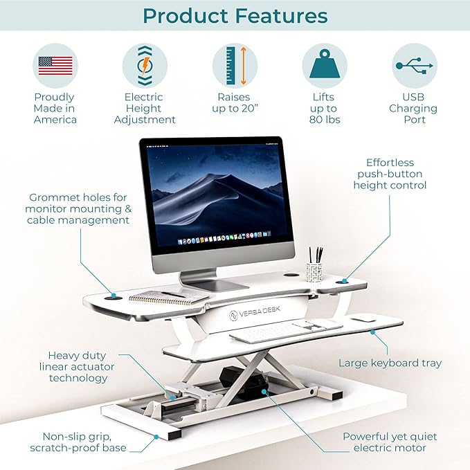 VERSADESK® Electric Standing Desk Converter, 40 Inch Large PowerPro™ Height Adjustable Sit to Stand Desk Riser with Keyboard Tray, Built-in USB Charging Outlet, Ergonomic Workstation, White