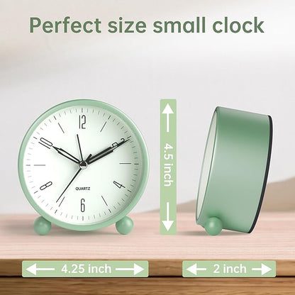 Analog Alarm Clock, 4 inch Super Silent Non Ticking Small Clock with Night Light, Battery Operated, Simple Design, Old Fashioned Style Ideal Decor, for Bedroom, Bedside, Desk, Adult, Kid, Gift, Green