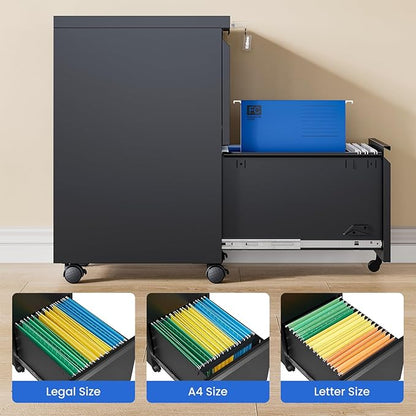 MIIIKO 2 Drawer File Cabinet on Wheels, Home Office Mobile File Drawers Under Desk, Filing Cabinets with Drawers for Legal/Letter/A4 File Folders(Black),Un-Assembled