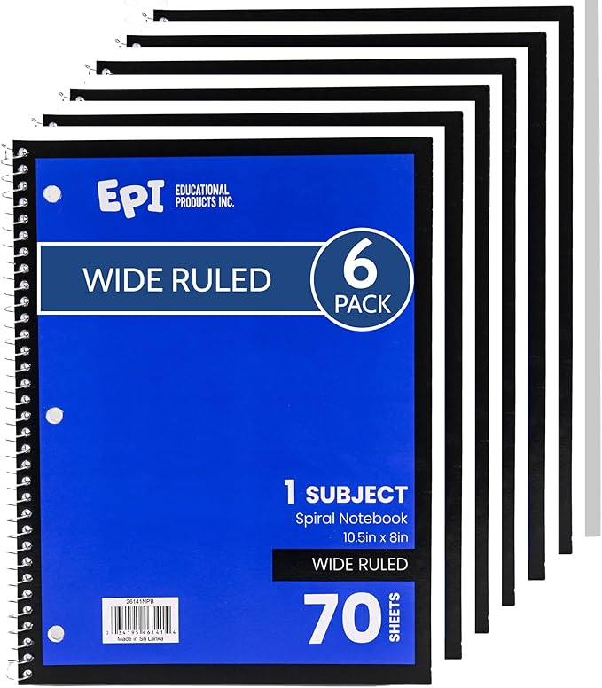 EPI Spiral Notebook | Wide - 70 Sheets, Durable Spiral Binding | 10.5 x 8 in | Classroom Supplies | School, Office, Note Taking, Journaling - 6 Pack