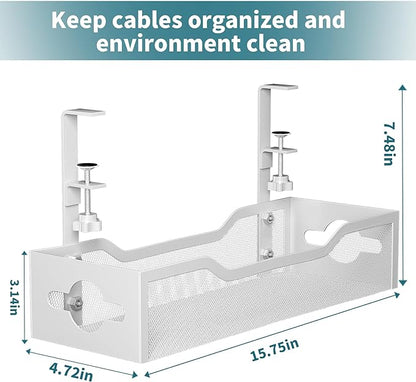 Under Desk Cable Management Tray White, Litwaro Cable Management Under Desk No Drill, Cable Organizer with Clamp for Wire Management, Cord Organizer for Office, Home No Damage to Desk