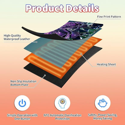 Heated Desk Pad Large Mouse Pad 23.6 x 14.1 inch with 3 Levels Heating & Auto Shut-Off Warm Mouse pad PU Leather Computer Mousepad for Home Office Work - Purple Rose Flower