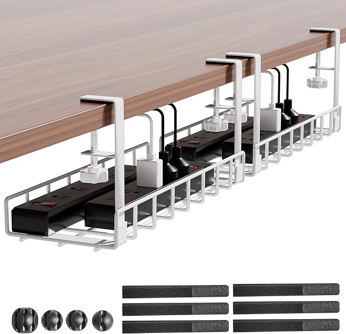 Under Desk Cable Management Tray 2 Pack, Xpatee Upgraded Wire Management No Drill No Screws, Cable Tray with Clamp for Wire Organizers, Computer Cord Rack for Office, Home - No Damage to Desk White