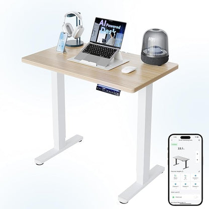 HUANUO One-Piece AI-Powered Electric Standing Desk, Smart APP, Work with Alexa & Google, Adjustable Height, 6 Memory Settings, Sedentary Reminder, Ergonomic Sit-Stand Desk, 32-inch, Light Walnut