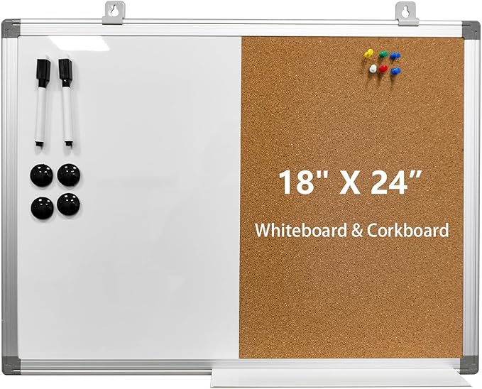 Combination Writeboard 24"x 18" Magnetic Whiteboard & Cork Board Aluminium Frame Dry Erase Board Bulletin Board Wall Mounted Memo Message