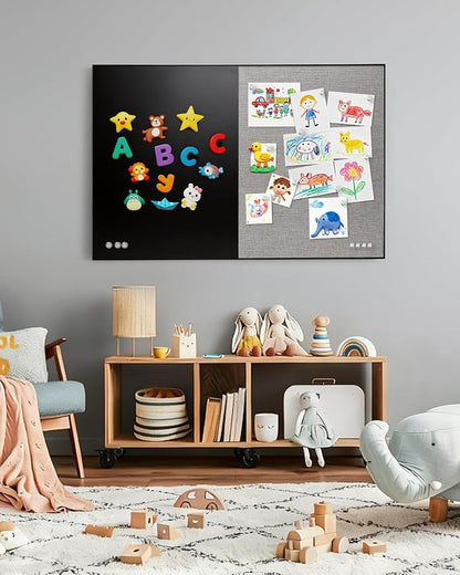 Lightomorrow Bulletin Board 36 x 24 inches, Black Board & Grey Fabric Board Combo, Black Aluminum Framed Linen Vision Board with 10 Push Pins