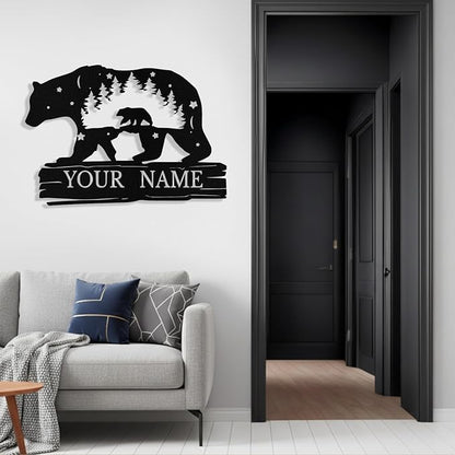 Custom Bear Metal Sign, Custom Bear Metal Wall Art Decor, Personalized Last Name Signs for Home, Rustic Farmhouse Black Wall Decor for Cabin, Bedroom, Living Room, Porch