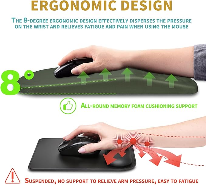 Hokafenle Ergonomic Mouse Pad Wrist Support with Massage Design, Wrist Rest Pain Relief Mousepad with Memory Foam&Non-Slip PU Base, Mouse Pads for Wireless Mouse & Desk (12x8 inch,Olive Green)