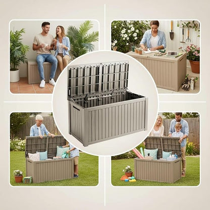 Yardgrace 210 Gallon Outdoor Storage Bench Waterproof - Resin Deck Storage Chest for Patio & Pool, Lockable Outdoor Storage Box for Cushions & Tools, UV-Resistant, Granite Grey