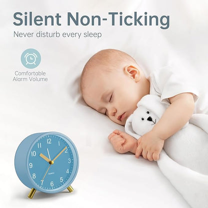 Analog Alarm Clock, 4 inch Super Silent Non Ticking Small Clock with Night Light, Battery Operated, Simple Design, easy setting for Office, Bedroom, Bedside, Desk, teens, elders, kids, adult, Skyblue