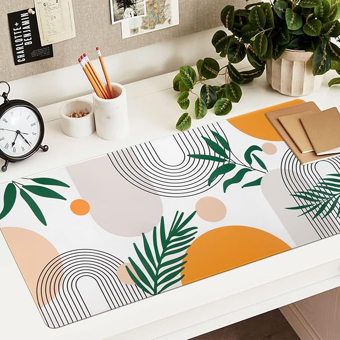 iCasso Extended Gaming Mouse Pad (35.4x15.7 in), Large 3mm Non-Slip Rubber Base Mousepad with Stitched Edges, Waterproof Keyboard Mouse Mat Desk Pad for Work, Game, Office, Home-Elm Leaf