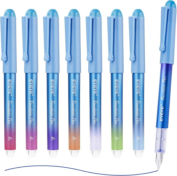 EYEYE Disposable Fountain Pens for Writing, Medium Point Stainless Steel Nib, Pack of 8 Assorted Colors