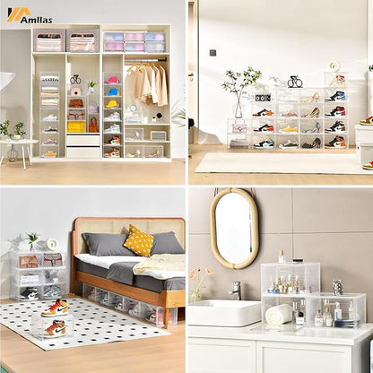 Amllas 8 Pack Shoe Boxes Clear Plastic Stackable, Large Shoe Storage Organizer with Lids,Drop Side Shoe Containers for Entryway,Sneaker Storage Fit up to US Size 13 (13’’x 10.6”x 8.3”)
