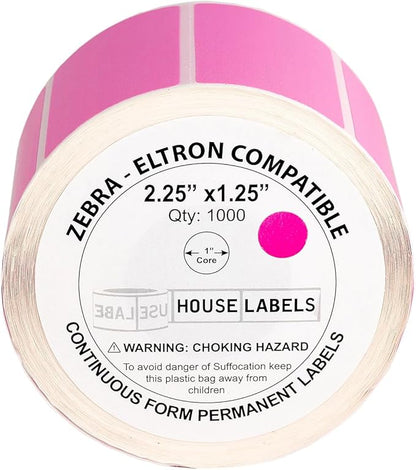 HOUSELABELS 2.25" x 1.25" Pink Address Labels on 1" Core Compatible with Zebra and Rollo Printers, 2 Rolls / 1,000 Labels per Roll