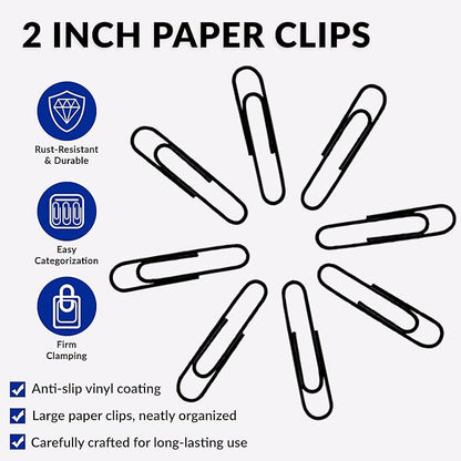 Large Paper Clips, 2 Inch Black Paper Clip, 200 pcs Jumbo Paperclips