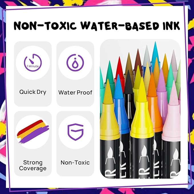 60 Colors Dual Tip Acrylic Paint Markers,Fine Tip and Brush Tip Permanent Acrylic Paint Pens For Rock Painting, Canvas, Wood, Glass, Ceramic, Fabric, Plastic, Egg, Scrapbook,Art Painting Supplies Kit