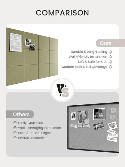 Bumusty Large Cork Board 47"x35" Alternative - 12 Pack Felt Wall Tiles with 70 Safe Removable Adhesive Tabs, 30 Pushpins, Cork Boards for Walls Pin Board Bulletin Board Office Decor (Olive Green)