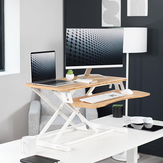 VIVO 32 inch Desk Converter, K Series, Height Adjustable Sit to Stand Riser, Dual Monitor and Laptop Workstation with Wide Keyboard Tray, Bamboo Top, White Frame, DESK-V000KO