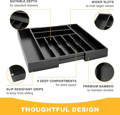 oridom Large Premium Bamboo Silverware Organizer - Expandable Drawer Organizer & Utensil Organizer - 17"x19.7" Cutlery Tray with Dividers for Kitchen Utensils and Flatware (7-9 Slots) (Black)