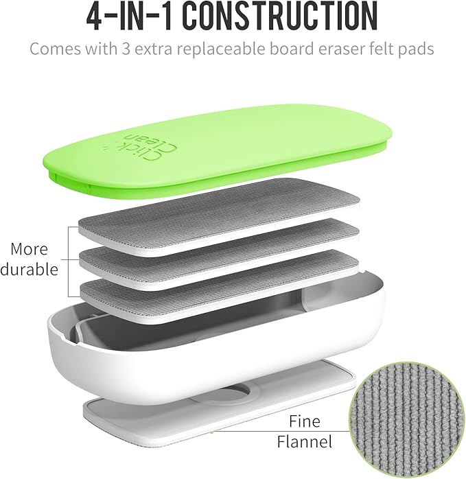 CLICK CLEAN Replaceable Dry Erase Board Eraser, 4-in-1 Magnetic Whiteboard Eraser with 3 Replaceable Felt Pads, Free 3.4oz Whiteboard Cleaner Included, Intended for Classroom, Home and Office