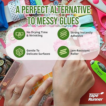 Tape Runner - Double Sided Adhesive with Dispenser Roller Included - Acid Free, Sticky, Transparent - Ideal for Scrapbooking, Crafts & More - Retractable (315 inches per Cartridge), 10 Cartridges