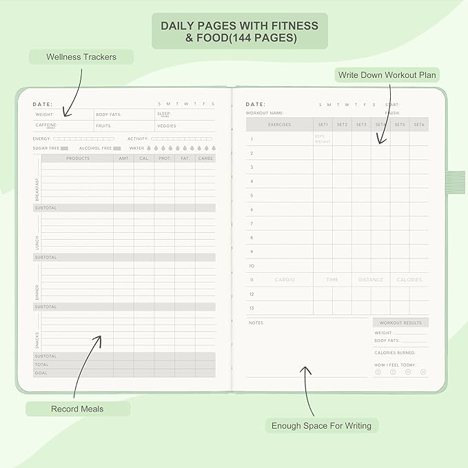 &And Per Se Fitness Workout Journal for Men & Women, Workout Log Book Planner with Daily Diet, Gym Exercise & Training Trackers - Undated, A5 Size, Leather Hardcover (Light Green)