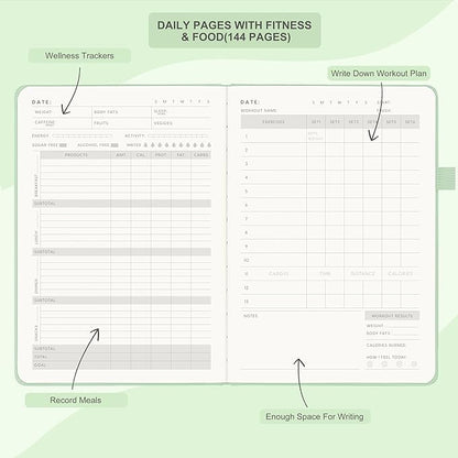 &And Per Se Fitness Workout Journal for Men & Women, Workout Log Book Planner with Daily Diet, Gym Exercise & Training Trackers - Undated, A5 Size, Leather Hardcover (Light Green)