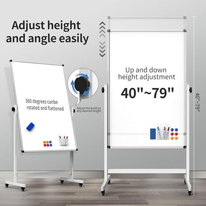 Rolling Whiteboard, Double Sided Magnetic Dry Erase Board Height Adjustable Whiteboard with Stand for Home Office Classroom (44" x 28")