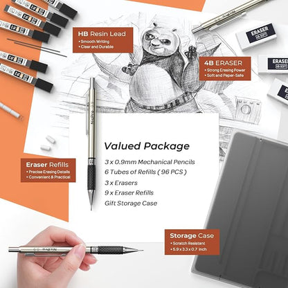 Nicpro 0.9 mm Art Mechanical Pencil Set in Storage Case, 3 PCS | Metal Drafting Pencil Lead Pencil+6 Tube HB Lead Refill, 12 Eraser, Comfort Grip For School Writing, Artist Drawing Sketching