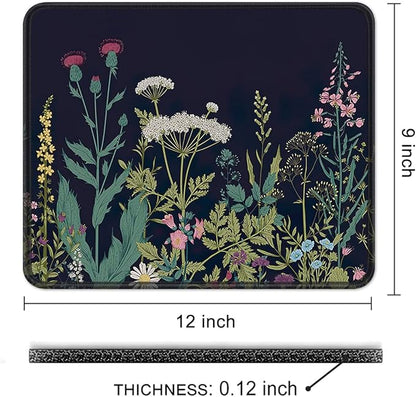 Auhoahsil Mouse Pad, 12 x 10 in Flower Theme Computer Mouse Pad for Desk, Premium-Textured Non-Slip Rubber Stitched Edges Waterproof Square Mouse Mat for Gaming Work Wireless Mice, Black