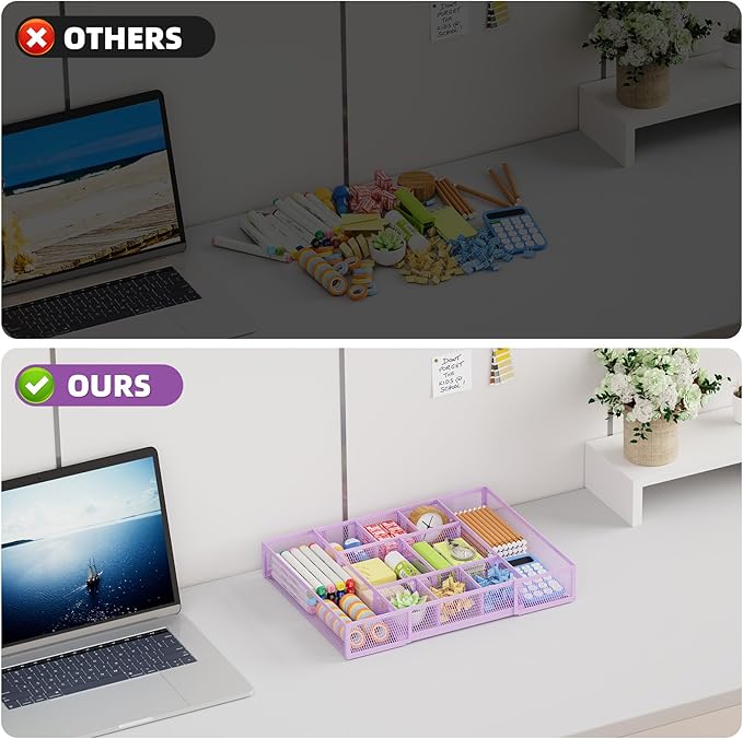 Marbrasse Expandable Desk Drawer Organizer, Mesh Drawer Organizer Tray with 10 Adjustable Compartments, Desk Organizers and Accessories for Office Supplies, Makeup & Vanity (Expandable-Purple)