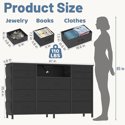 HCHQHS 47 Inch Dresser for Bedroom with 13 Drawers,Side Pockets Hooks and Lights with Remote Control,Hallway,Closet,Kitchen,Large TV Stand (Black)