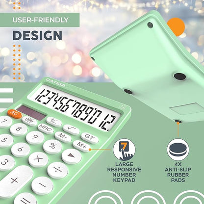 CATIGA 12 Digit Desktop Calculator Basic Desk Calculator with Large LCD Display, Big Buttons, 4 Function, Solar and Battery Dual Power, for Office, School, Home, SD-1292 Mint