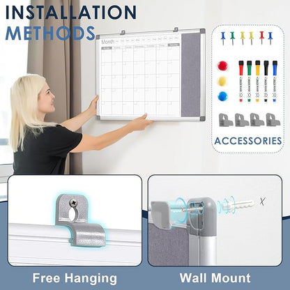 MAKELLO Dry Erase Calendar for Wall 24" x 18", Whiteboard Calendar and Grey Felt Board Combo for Office Home School