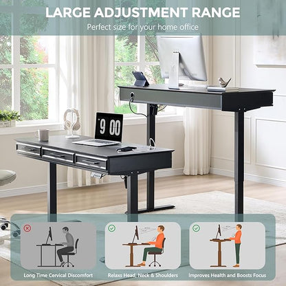 wow97e Electric Standing Desk with 3 Storage Drawers, 55x22 Inch Adjustable Height Office Computer Desk w/One-Piece Desktop & Power Outlets,Sit to Stand Up,Gaming Table for Home and Study, Black